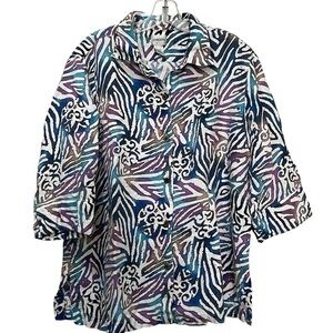 Chico’s XL Jewel Tone Abstract Print Button Down Linen Shirt Blouse J